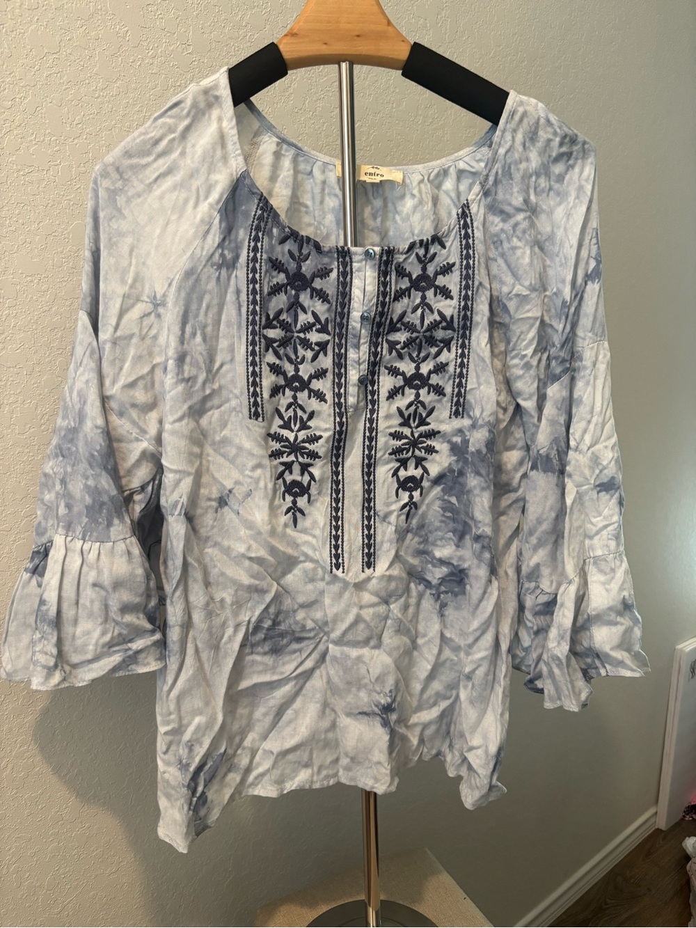 Entro Tie Dye Peasant Top Blue White Embroidered Bell Sleeve Boho Blouse Small